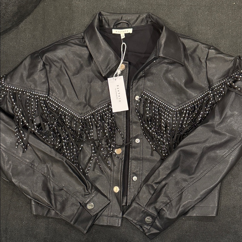 Black Leather Fringe Jacket with Studs